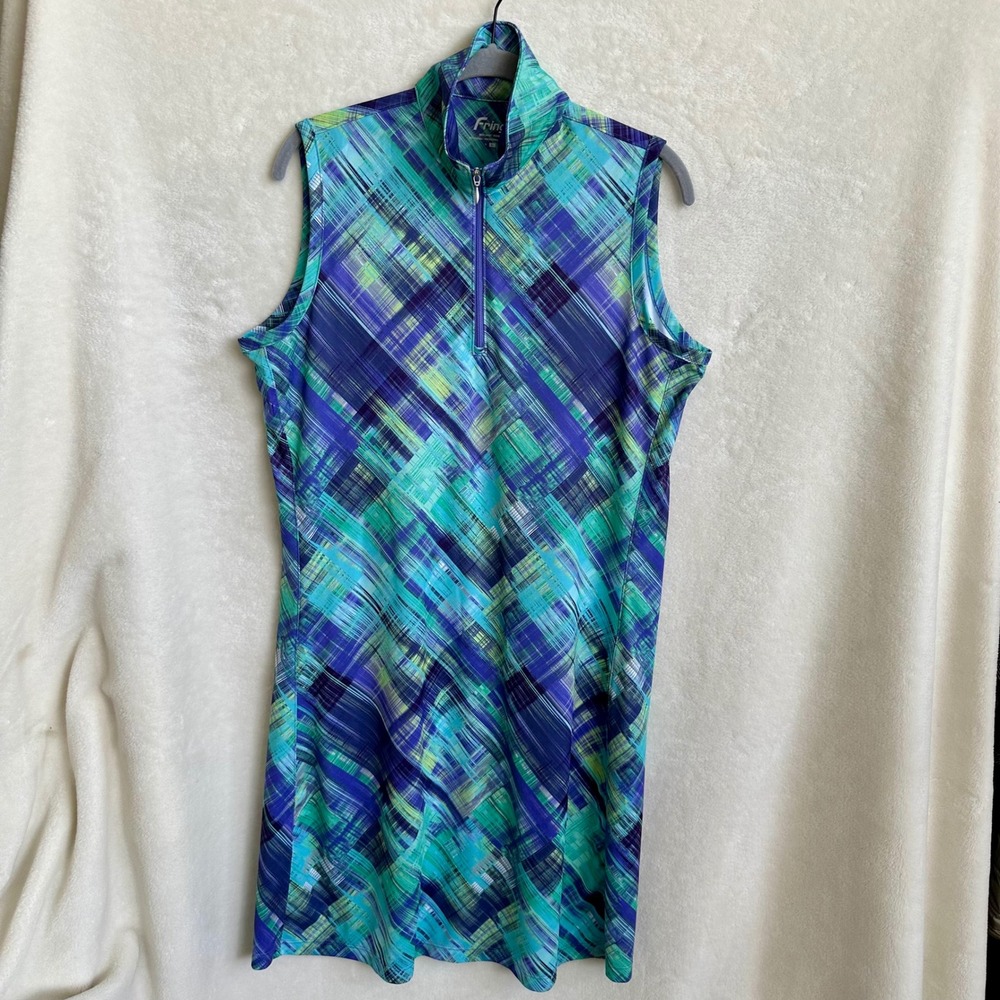 Fringe by Bermuda Sands Sleeveless Golf Tennis Dress - Purple Aqua Plaid - Large